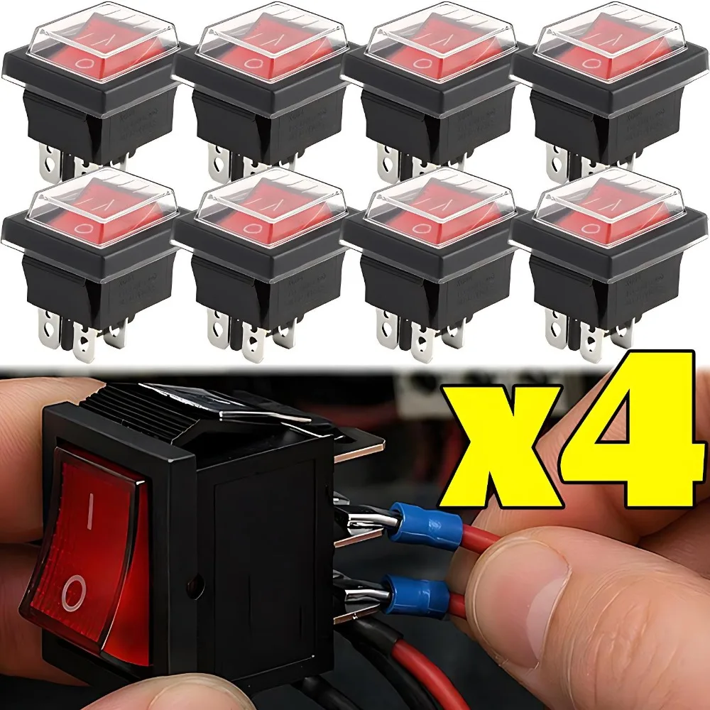 KCD4 Rocker Switch 4 Pin 2 Position Waterproof Toggle Switch Red LED Light Auto Boat Car RV Marine Flame Retardant Power Button