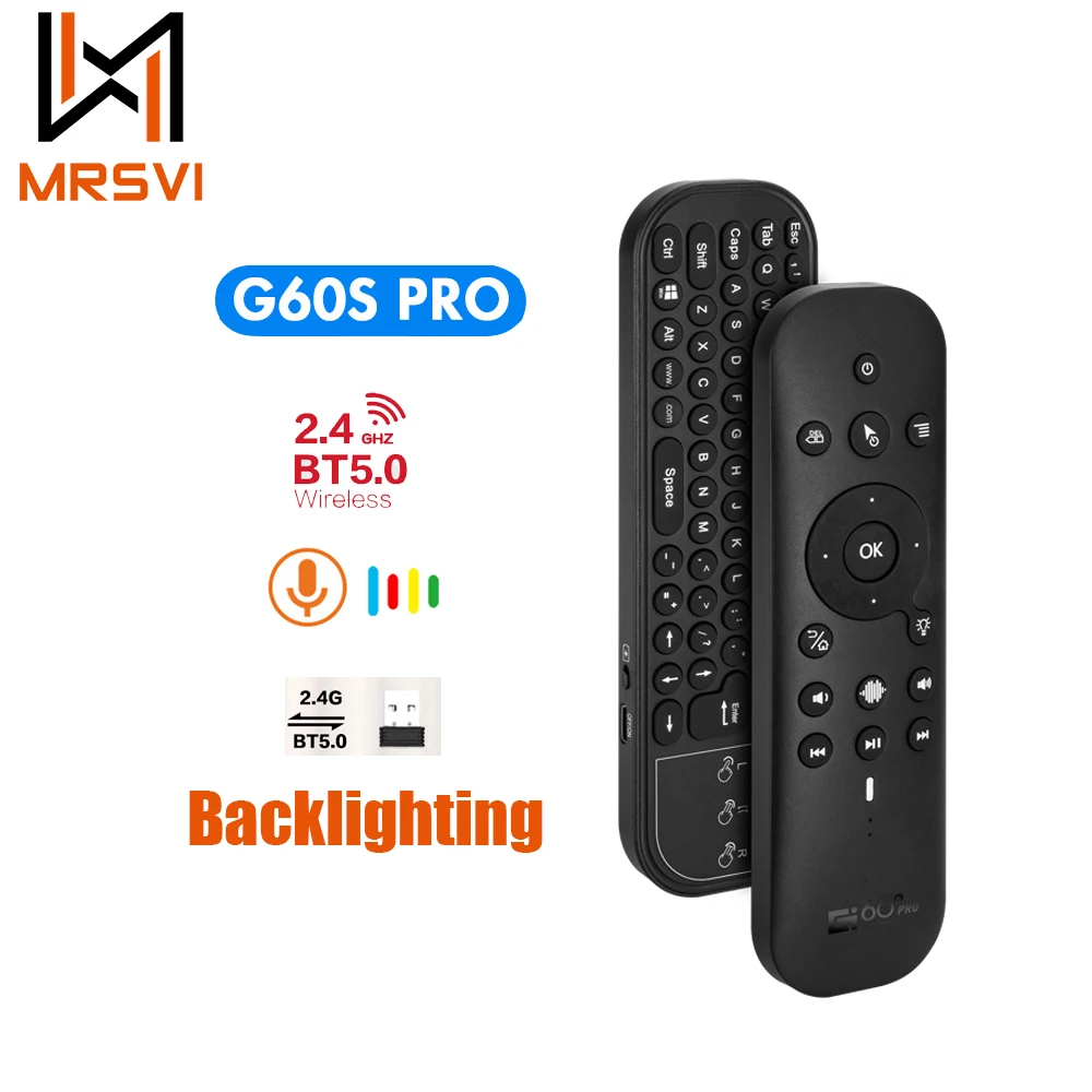 

MRSVI G60S Pro BT5.0 Backlit Air Mouse Wireless Voice Remote Control 2.4G English Keyboard IR Learning for PC TV BOX