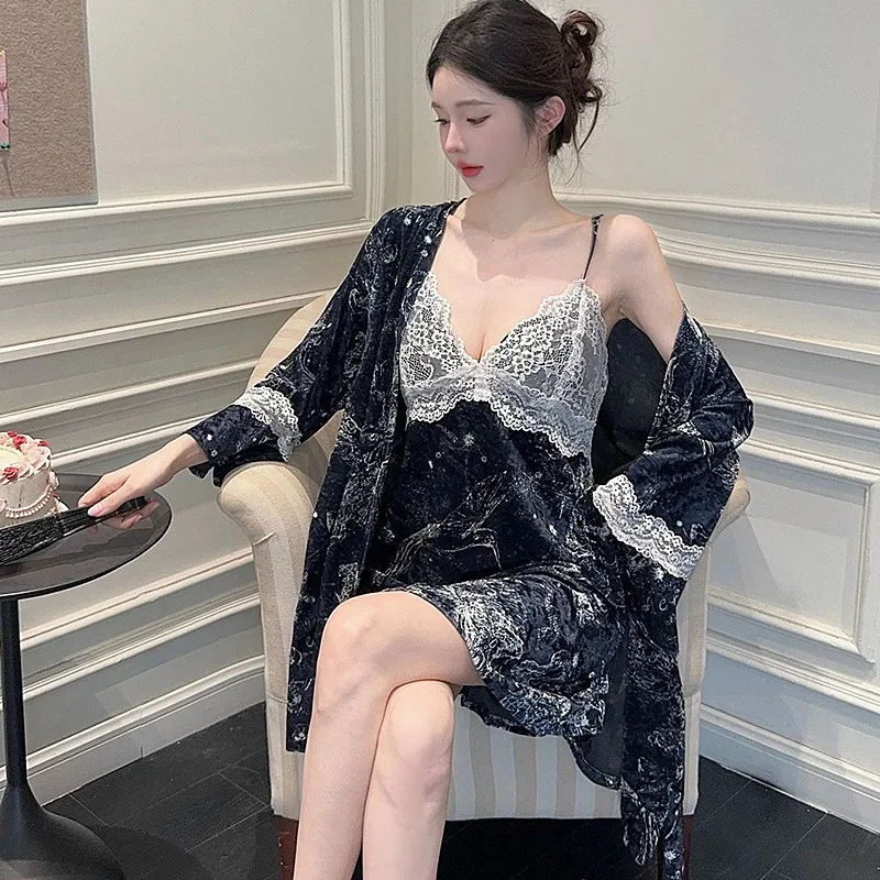 

Зимняя одежда для сна, женские пижамы, новое теплое сексуальное платье на бретельках, комплект халатов, кружевное золотое бархатное кимоно, халат, женские ночные рубашки для сна