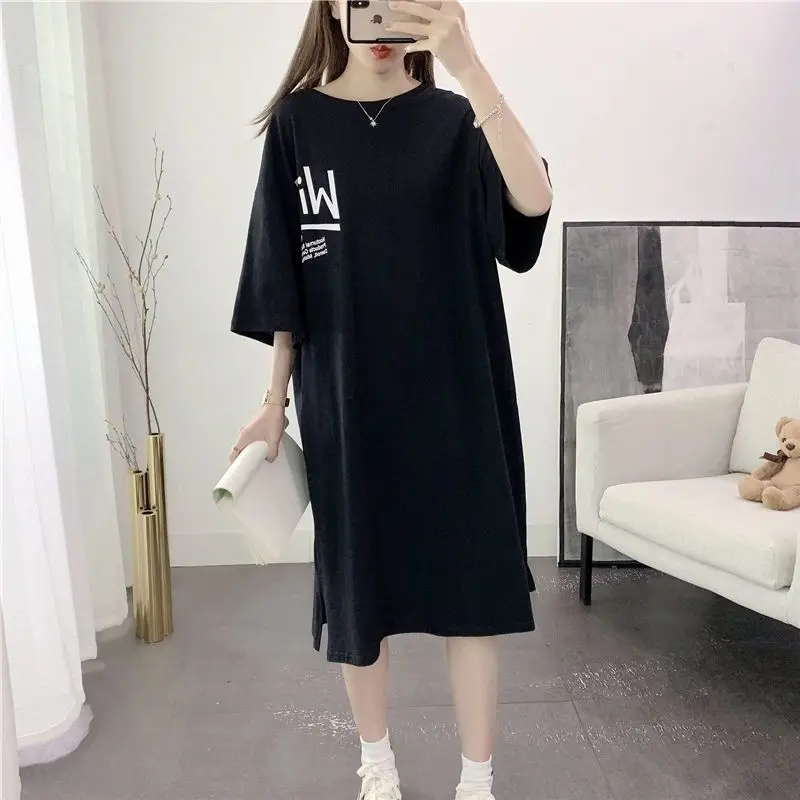 Summer New Split Hem Loose Letter Printing T Shirt Dress O-Neck Short Sleeve Solid Casual Dresses Fashion Trend Odzież damska