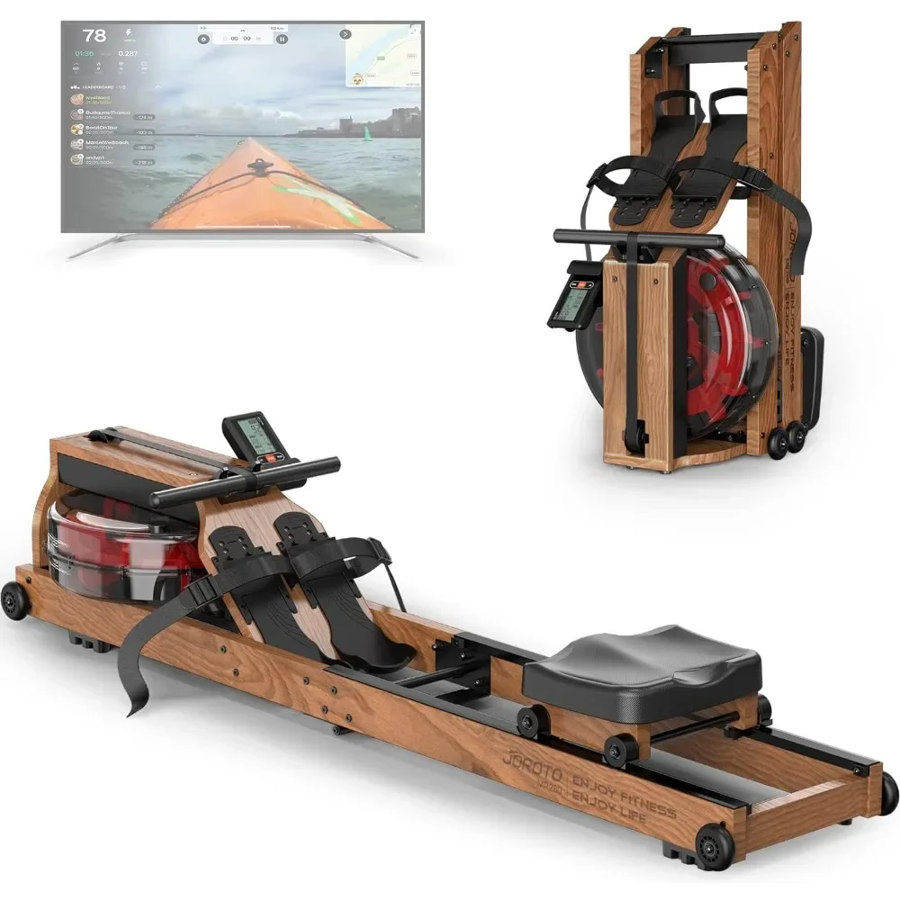 

Water Rowing Machine for Home Use, Oak Wood Foldable Rower Machine 330lbs Weight Capacity with Bluetooth Monitor, Pho