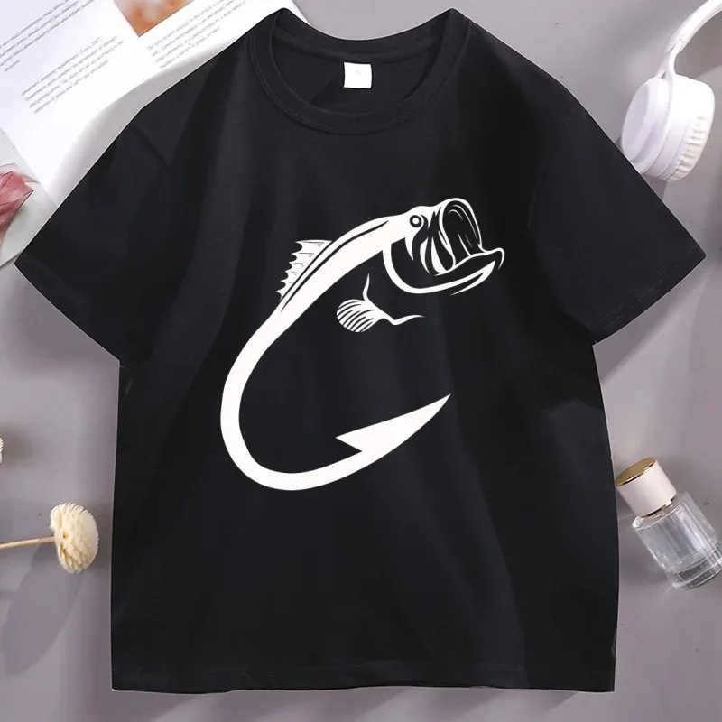Fish Hook Pattern T-Shirt, Cotton Casual Short Sleeve Crew Neck Loose Street Style Men's Fishing T-Shirt Women And Men T-shirt