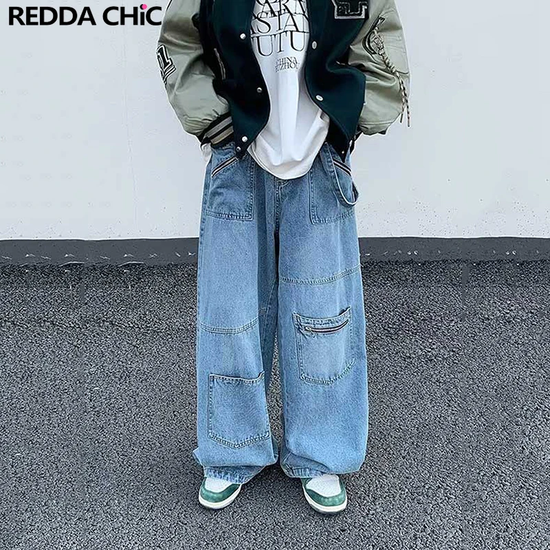 

REDDACHIC Plus Size Multi-pocket Men Cargo Pants Oversize Skater Wide Leg Baggy Jeans Male Trousers High Street Vintage Clothes