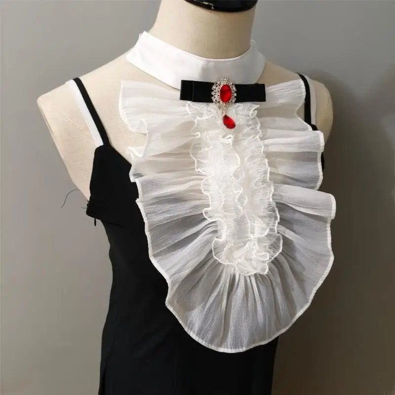 Y3NE Halloween Costume False Cuffs Crystal Ruffled Colonial Jabot Faux Collar Victorian Colonial Neckwear for Parties