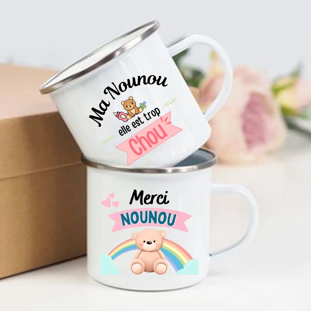 2026 Neue Merci Nounou Tasse mit französischem Aufdruck, kreative Kaffeetassen, Getränke, Emaille-Tasse, Vintage-Griff, Trinkgeschirr, Dankesgeschenke für Nounou