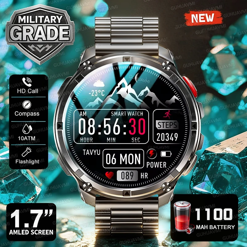 

2026 Men's Military sturdy GPS Smart watch 1100Mah battery Swim Tracker Bracelet 10ATM Waterproof Sports RIDE Run Fitness Watch
