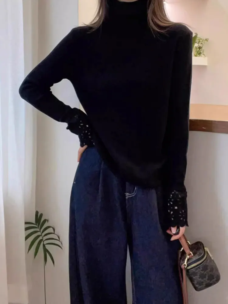 Warm Lace Hollow Long Sve High Collar Soft Comfortable Base irt Casual Commute Top Poetic Lin Korean Sle Loose Fit Sol...