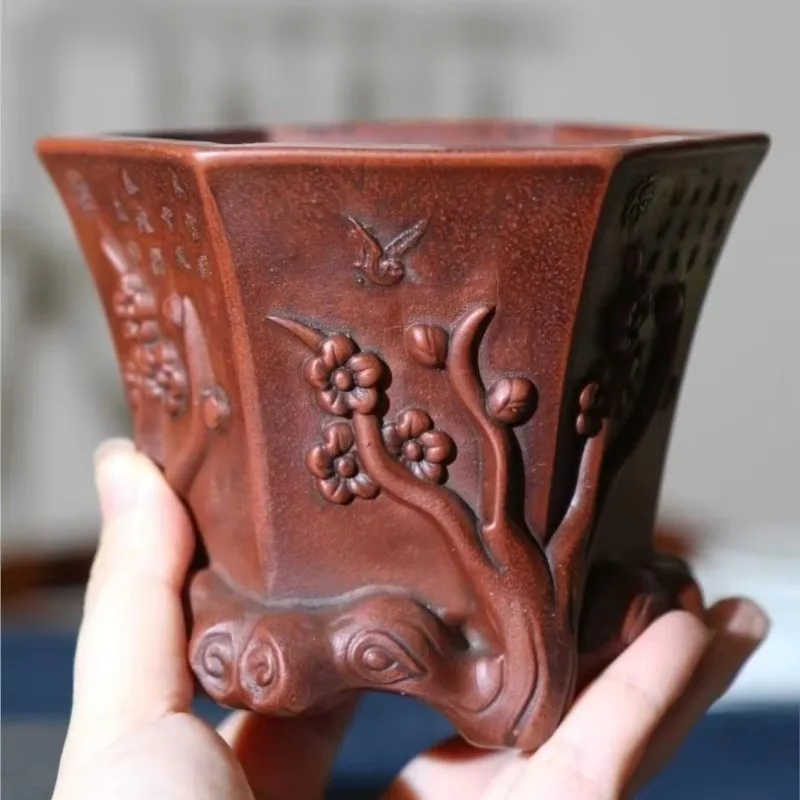 Maceta china arcilla púrpura, maceta para bonsái, flor hecha a mano tallada, maceta suculenta, decoración escritori