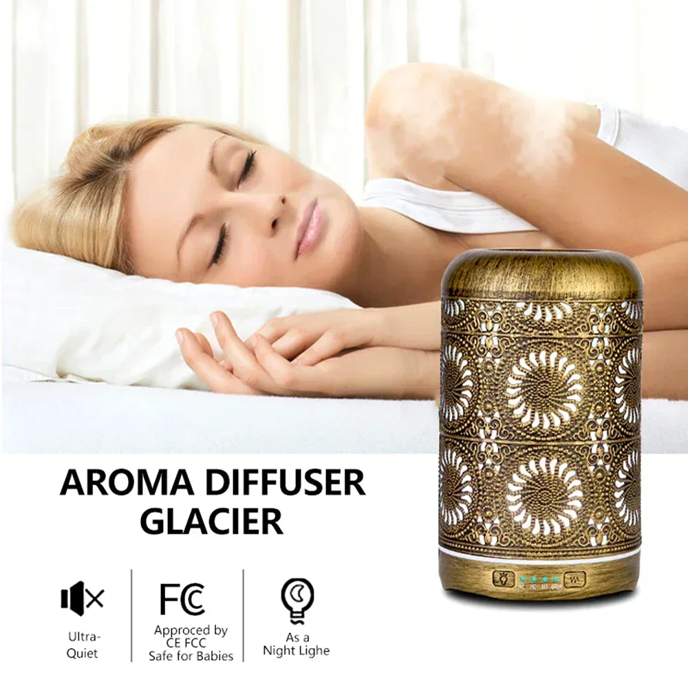 Air Humidifier Aromatherapy Essential Oil Diffuser Red Bronze Metal Mist Maker 7 Color Lights Change Lamp for Home Office SPA