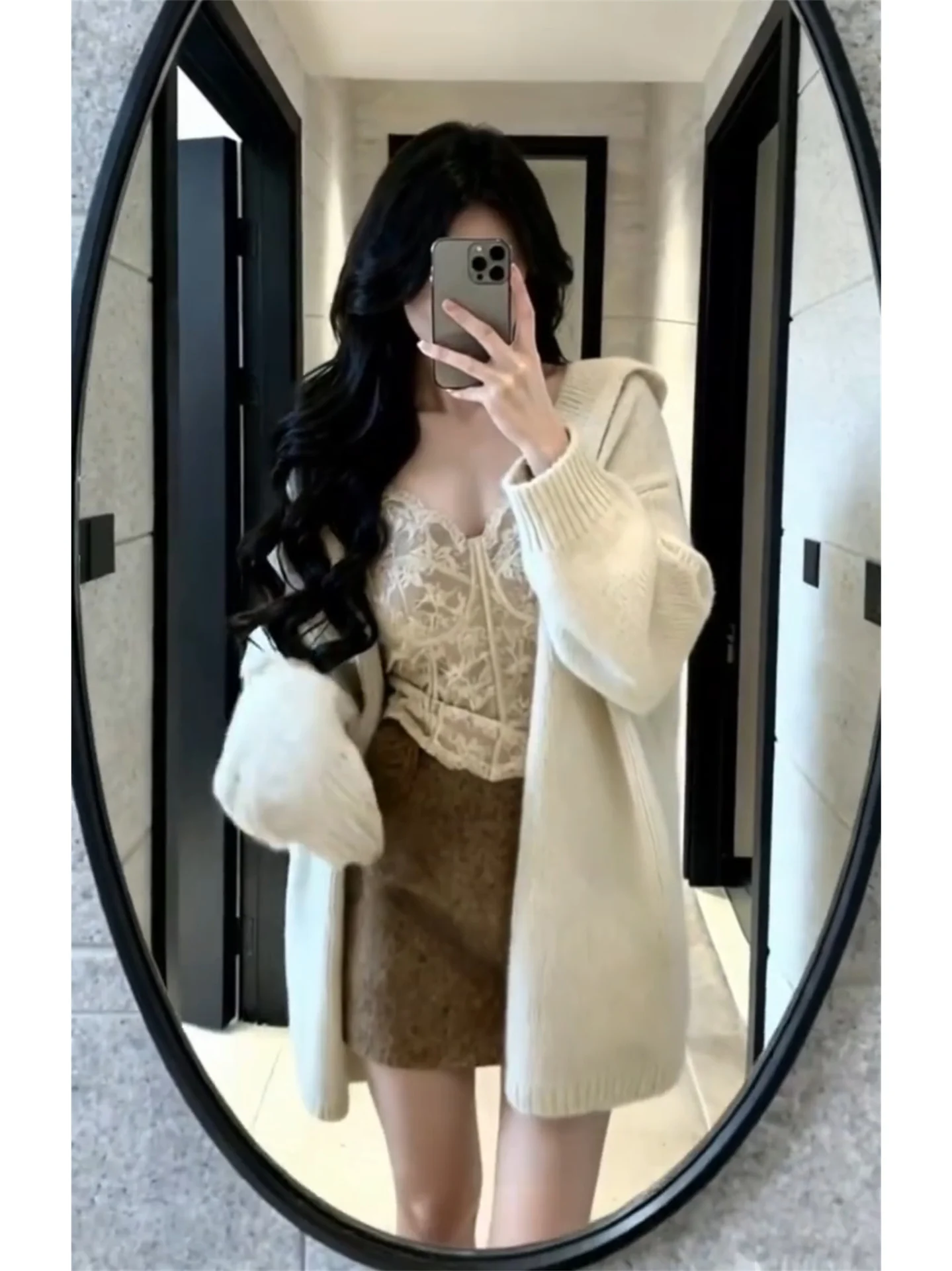 

Chic Knitted Set Women's Fashionable Half-length Skirt Unique Beautiful Winter Clothes High-waisted Lace Long-sleeve Cardigan