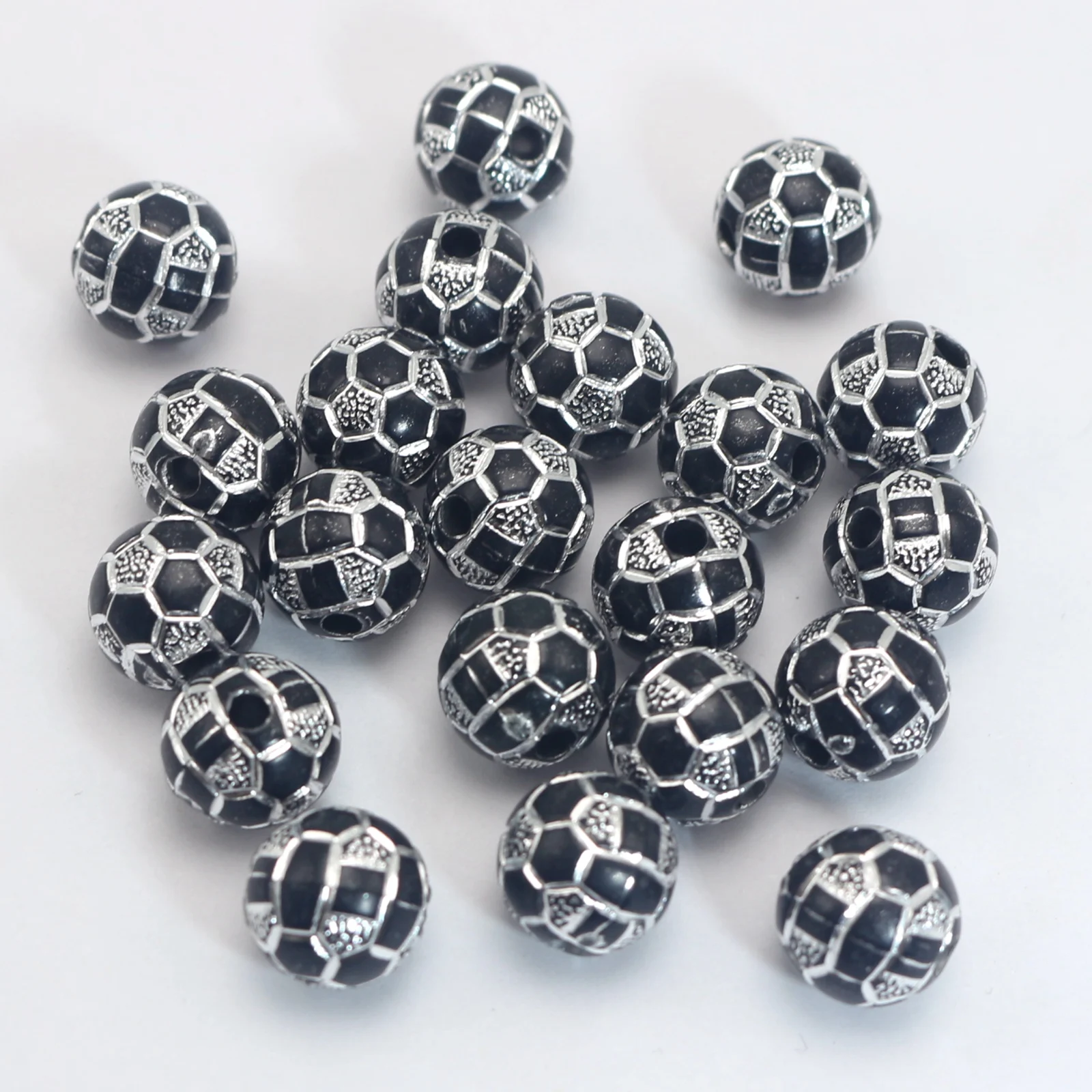 100 Black Sparkling Football Soccer Pattern Acrylic Round Beads 10mm