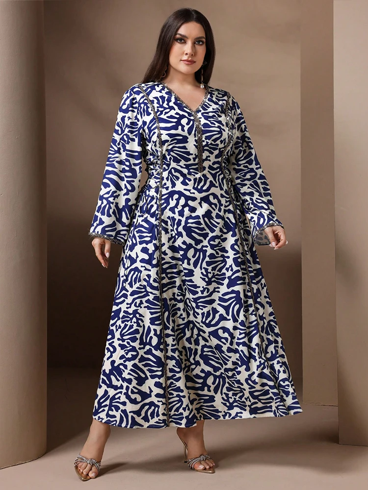 TOLEEN Vrouwen Plus Size Maxi Jurken Modieuze Moslim Print Losse Arabische Jurk Elegante Met Diamanten Ingelegde Banket Ramadan Gewaad