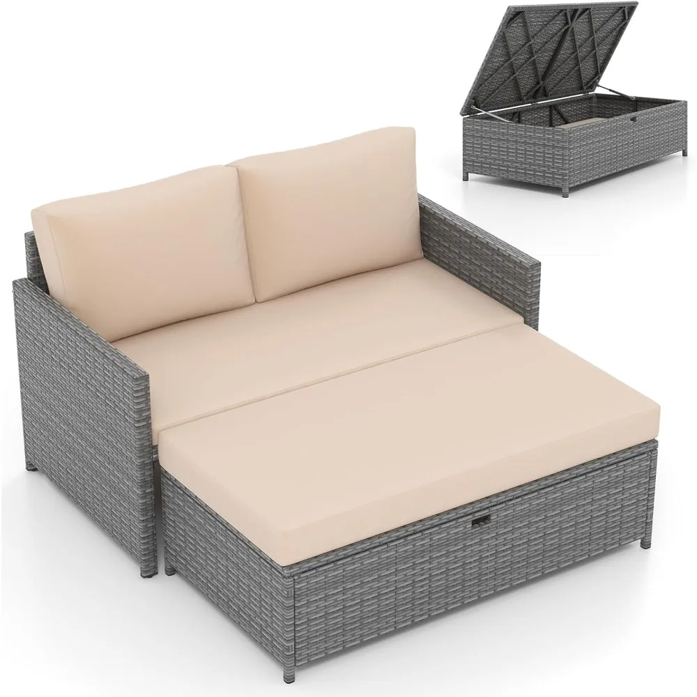 

Tangkula Outdoor Rattan Daybed, Wicker Loveseat & 31 Gallon Storage Ottoman w/Soft Cushions, Space-Saving 2-Person Sun Lounger D