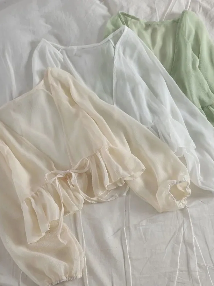 女性用ショートノースリーブ日焼け止め服ルーズシフォンオープンカーディガン長袖アウターウェアショール吊り下げポケットハンカチ付き