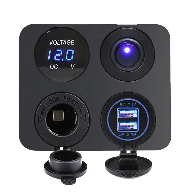 12V USB Panel Socket 4 in 1 Dual USB Charger with Rocker Switch Car Cigarette Lighter Digital Voltmeter for Car Boat Truck RV