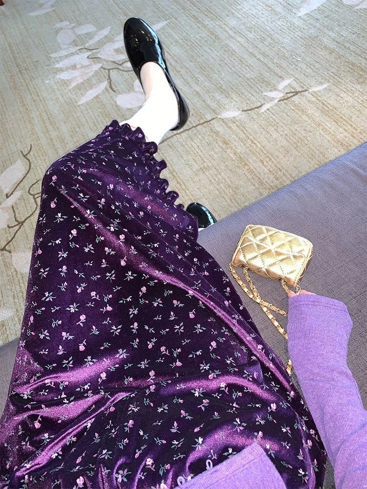 Vintage Jupe Velvet Floral Skirts Women High Waist Slim Fit Ruffles Saia Korean Temperament Long Skirt 2026 Faldas Mujer De Moda