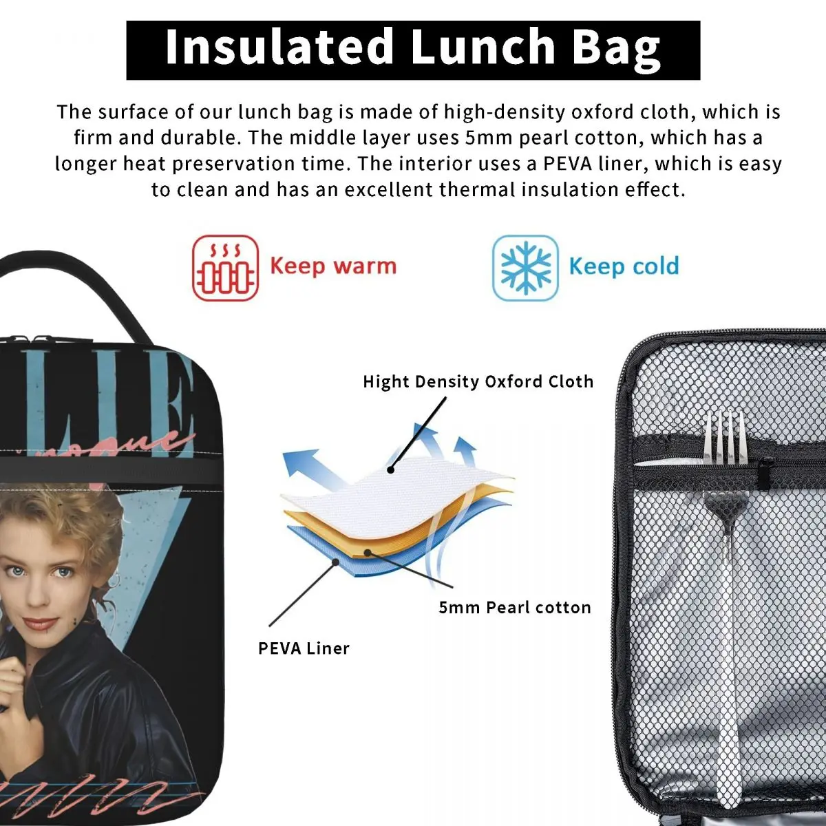 Kylie Borsa da pranzo retrò anni '80 Scatola da pranzo casual per bambini Picnic all'aperto Comoda borsa termica Borse da pranzo termiche con stampa Oxford