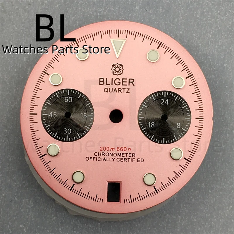 BLIGER 30mm VK64 Watch Dial Black Pink White Blue-green Dial For VK64 5-hands Quartz Chronograph Movement 6 O \'clock Date Window