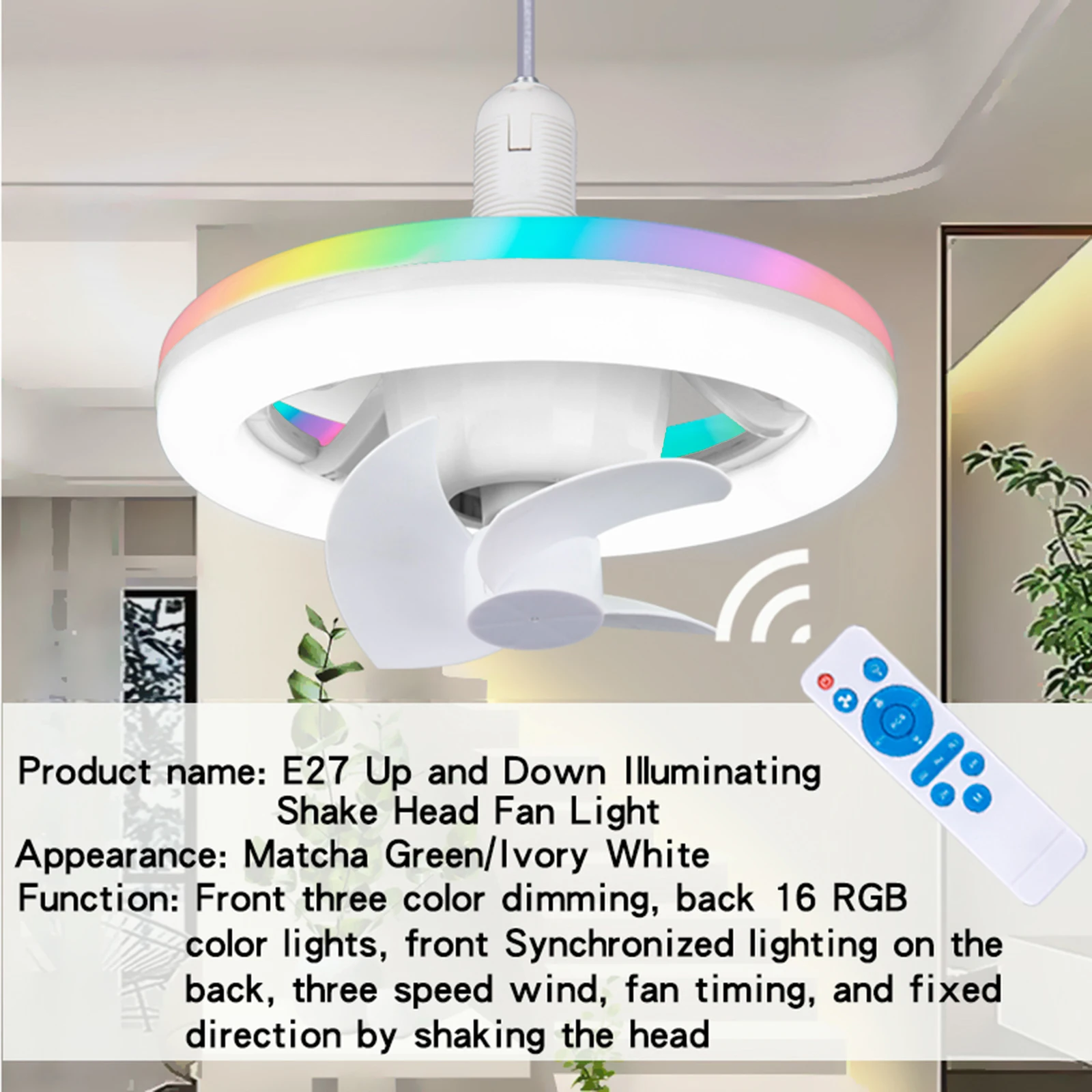 Ceiling Fan with Light RGB Adjustable Wind Speeds Dimmable Silent LED Ceiling Fan Light for Office Kitchen Dining Room Home Dorm