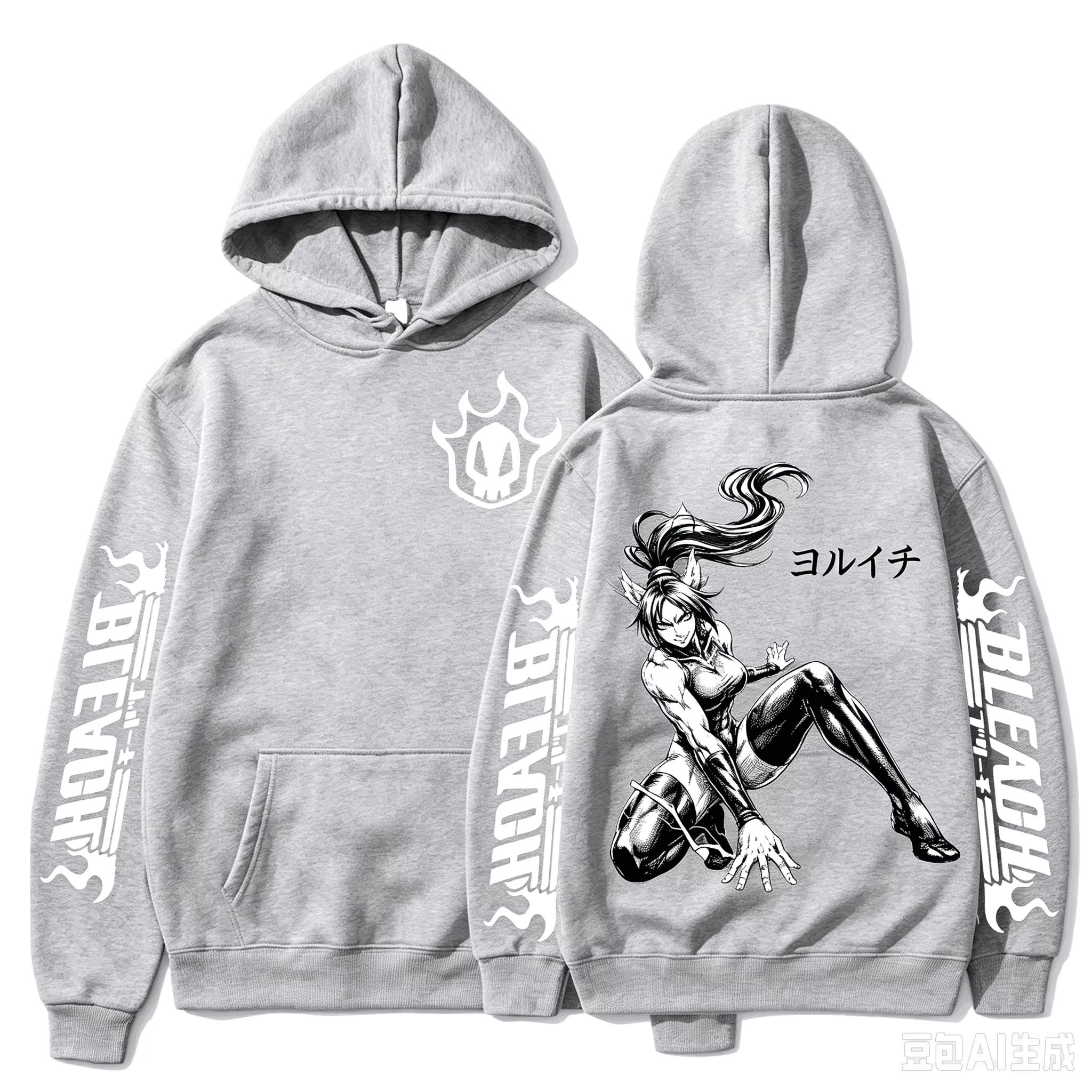 2026 Autumn BLEACH Yoruichi Multi-Print Hoodie Front Hollow Skull Logo Back B&W Character Unisex Oversized Streetwear Tops