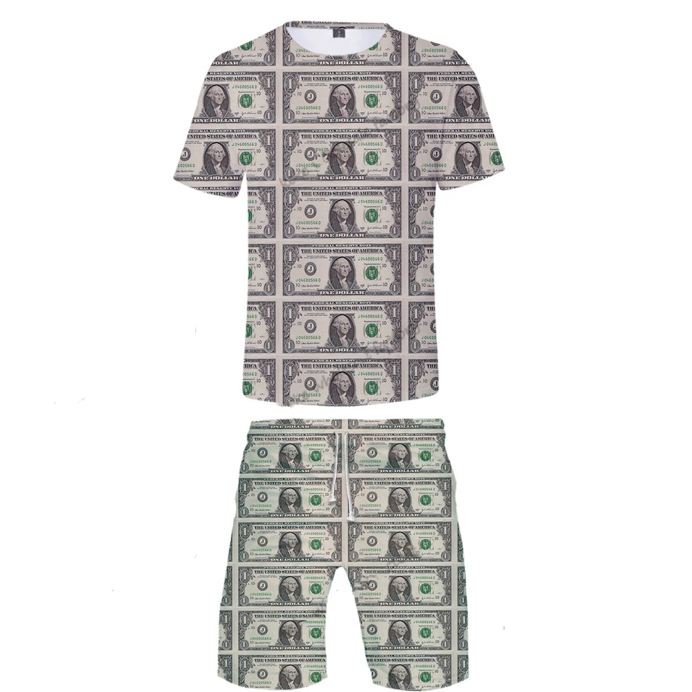 Men Sets Summer United States Dollar 3D Printed Shorts T-shirt Outfits Male Casual Hip Hop Creative Money Shorts 2Piece Suit