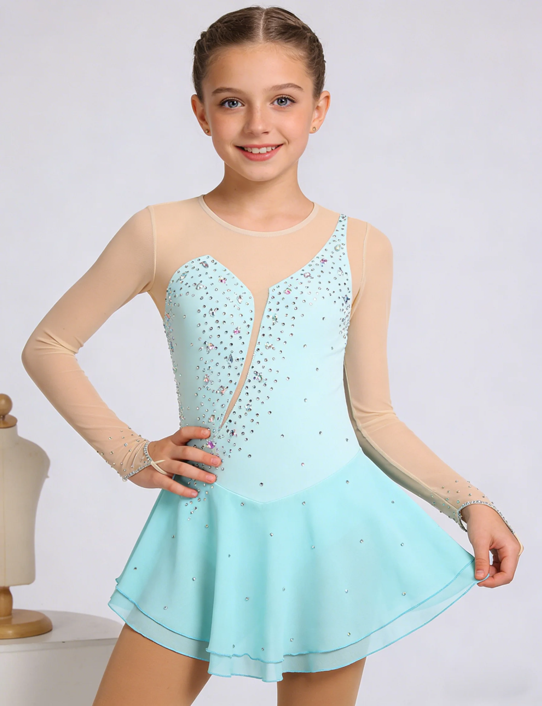 

Comfortable Elegant LongSleeve Mesh Figure Skating Dress Sparkling Ombré Rhinestones High-Elasticity Performance Training Wear