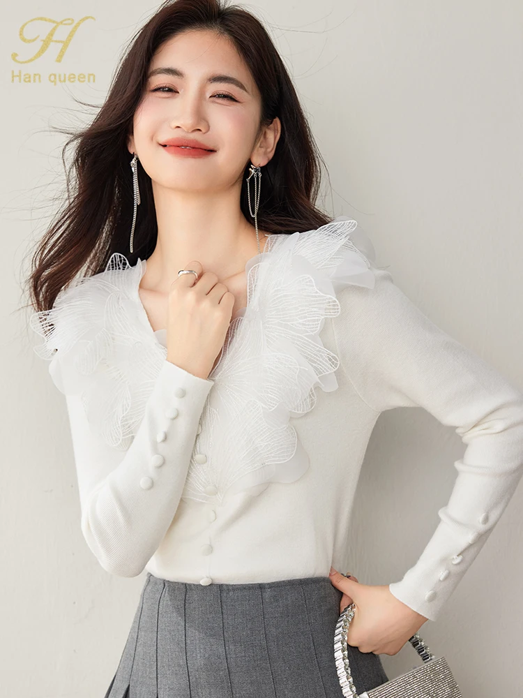 

H Han Queen Chic Lace Base Long Sleeve Knitted Pullover Sweater for Women's Tops Autumn Casual Basic Pullover Sweaters