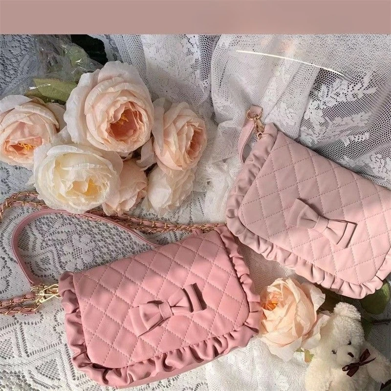 

Japanese Sweet Cute Women's Bag Lolita Rhombus Bow Ruffled Envelope Bags Girl Chain Shoulder Bags Fashion Versatile Underarm Bag
