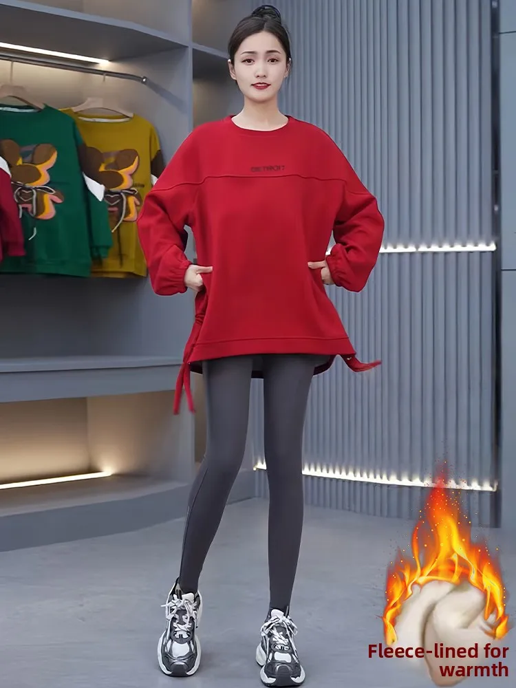 패셔너블한 안감 후드티 여성용 중간 길이 롱 슬리브 겨울 신상 슬리퍼 스타일 탑 유럽 스타일 의류