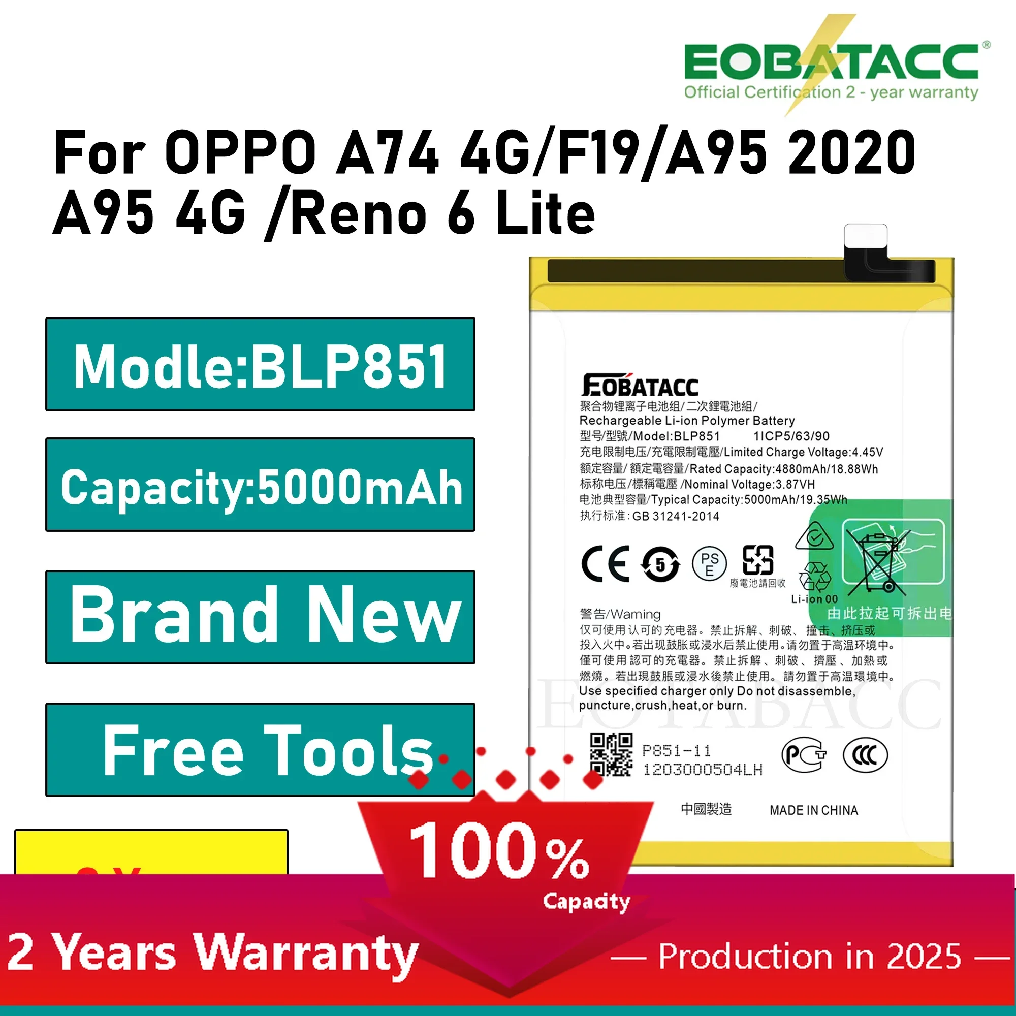 

2025 Years EOBATACC 100% New Battery 5000mAh BLP851 Battery for OPPO A74 CPH2195 5G BLP851 Mobile Phone Batteries+Free Tools