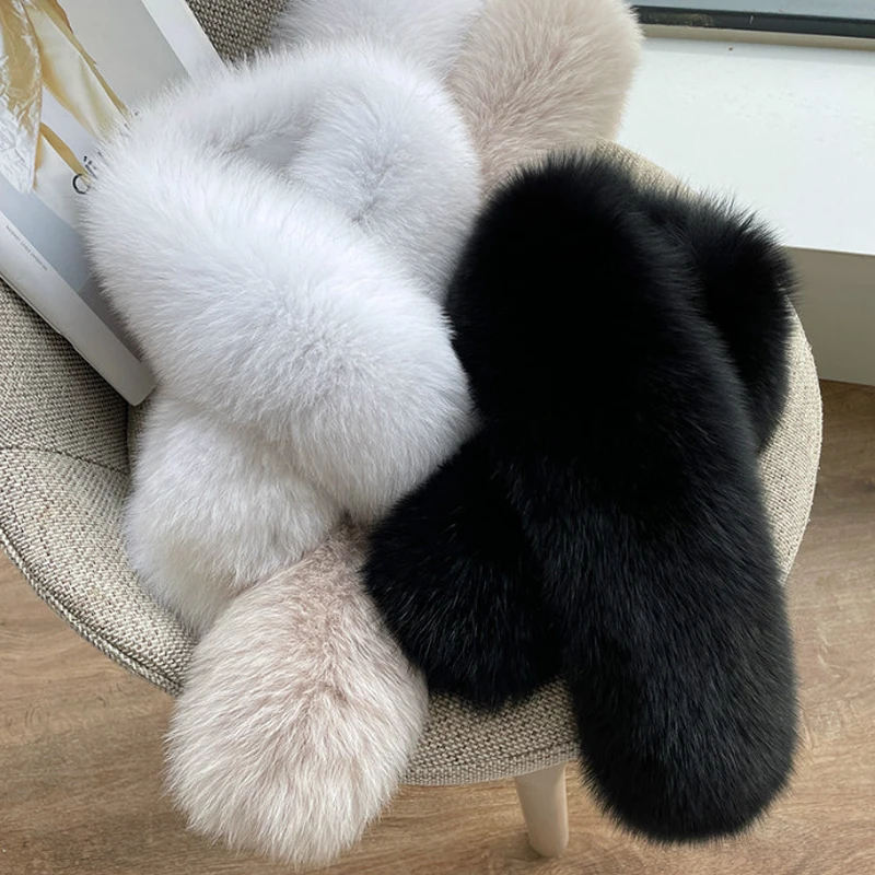 70CM Winter 100% Natural Real Fox Fur Scarf Trim Straight Collar Women\'s Neck Keep Warm Decorate Clip Scarves Luxury Thick Shawl