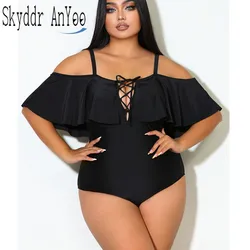 Plus Size One Piece Women Swimsuit Off Shoulder Ruffle Drawstring Tummy Control Bathing Suit Sexy Curvy Push Up Swimwear
