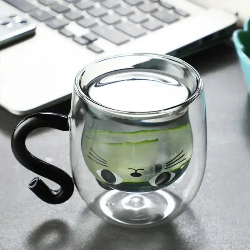 Home 250ml Creative Cartoon Cat Double Wall Glass Cup with Handle Cute Coffee Cup Heat-resistant Mug Office Kitchen Drink Ware