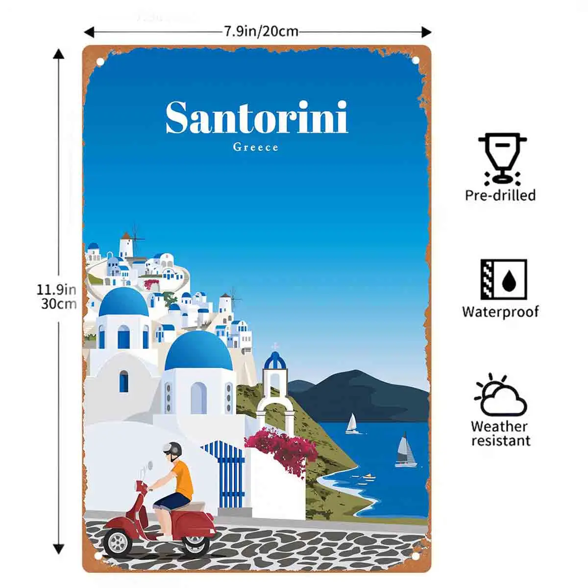 2D FLAT 1pc Santorini Greece Coastal Scooter Travel Metal Wall Sign Decoration for Home Cafe Garage Bedroom Porch And Garden