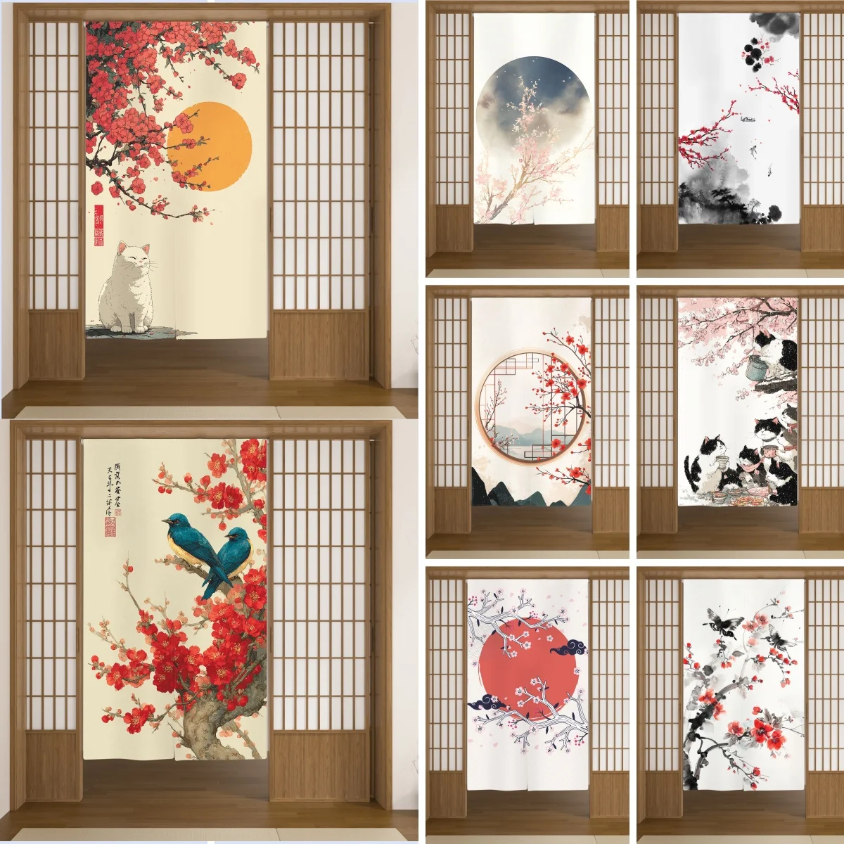 Traditional Ink Door Curtain Red Plum Blossom Cute Cat Restaurant Kitchen Partition Bedroom Doorway Feng Shui Linen Half Curtain