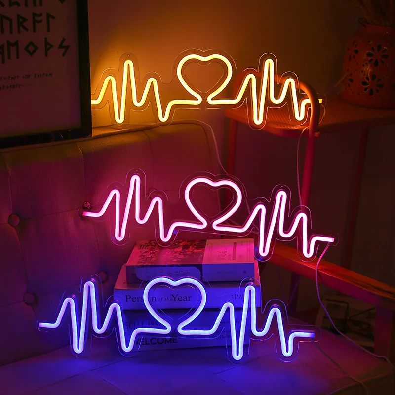 Ins Tiktok LED Neon Night Light Lover Bedroom Heartbeat Modeling Light Wall E-Sports Room Decorative Light Atmosphere Color Lamp