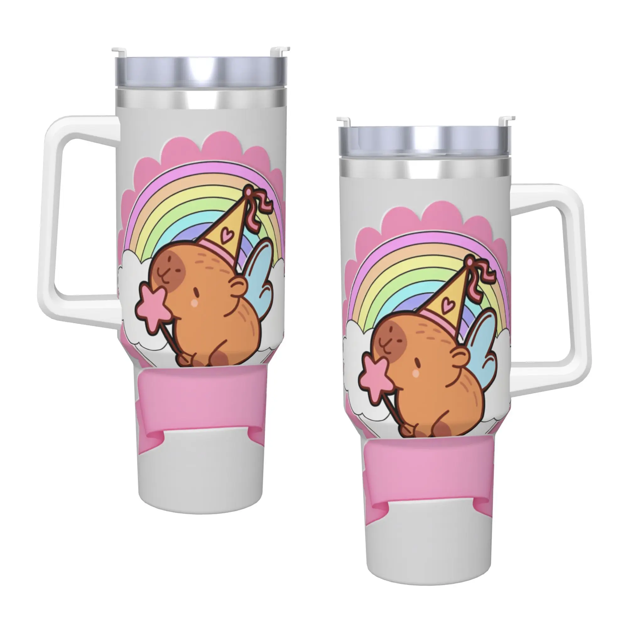 Fairy Capybara Party Hat Wing Magic Wand Rainbow Pink Ribbon Banner Cartoon Stainless Steel Tumbler  Travel Thermal Mug Car Mugs
