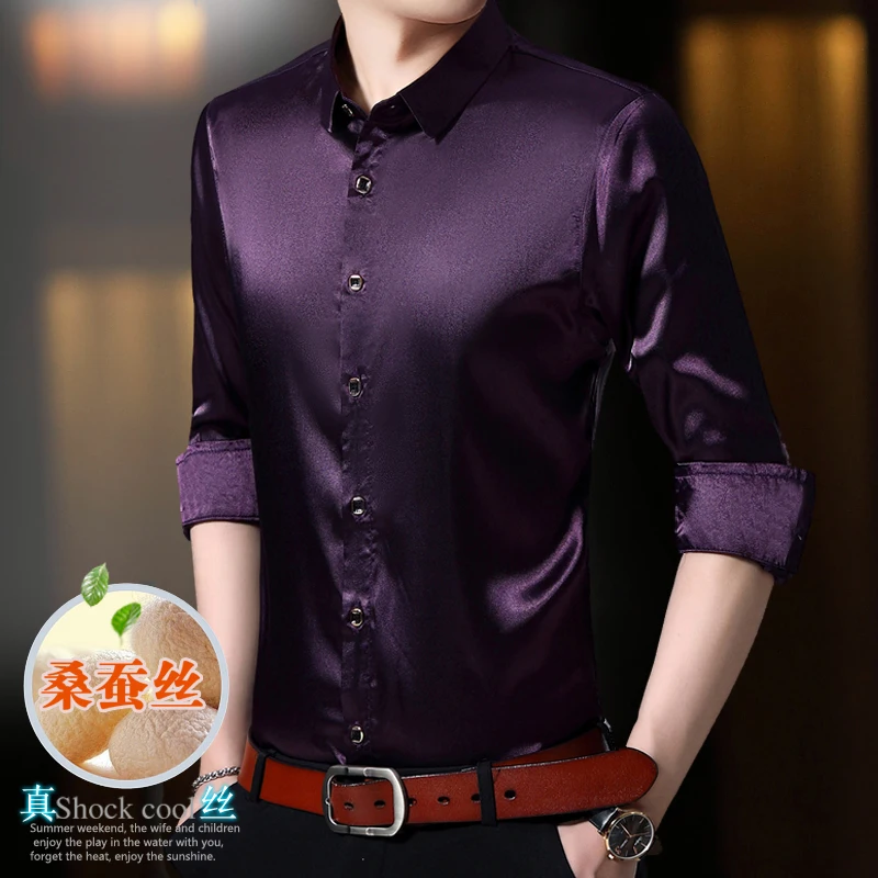 Tcyeek Spring Autumn Long Sleeve Blouse 2.7% Mulberry Silk Shirts for Men Business Casual Shirts Men's Clothing Blusa Masculina