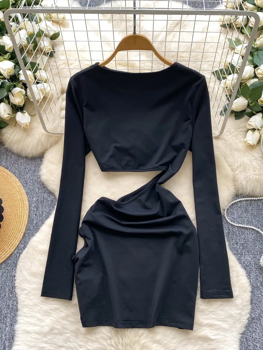 Foamlina Girly แขนยาวผู้หญิงฤดูร้อน Crop Top ไม่สม่ําเสมอ Hem Slim Fit เอว Hollow Out Bodycon Mini Dress