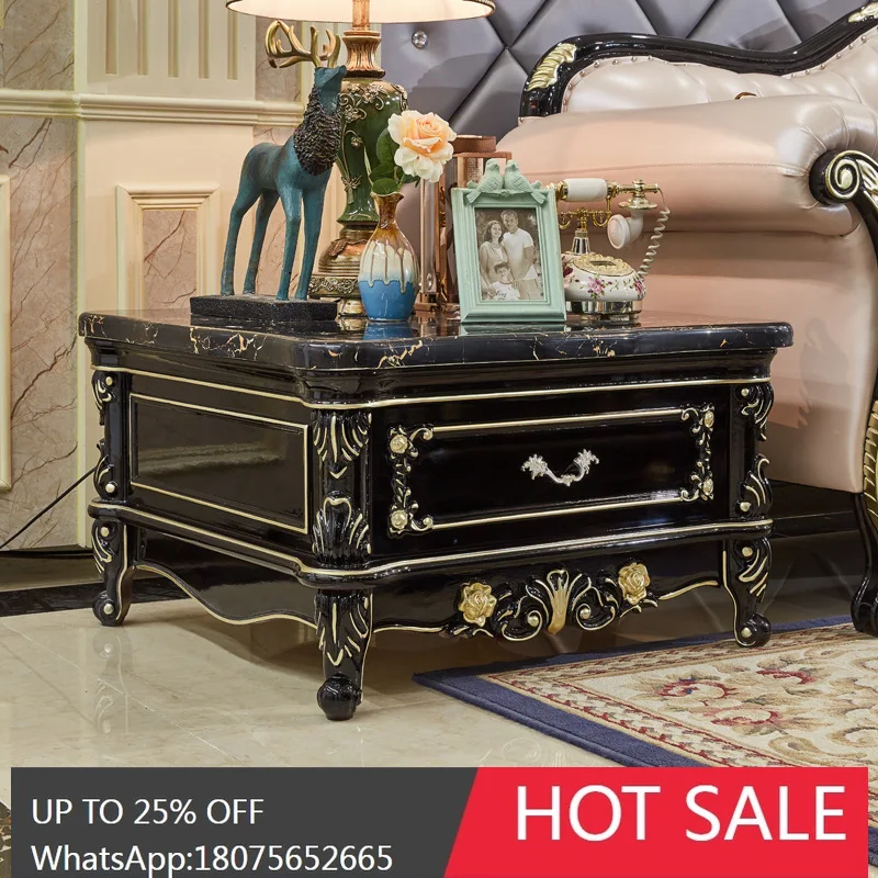 MJY European Style Solid Wood Ebony Sofa Side Table Marble Square with Drawer Coffee Table