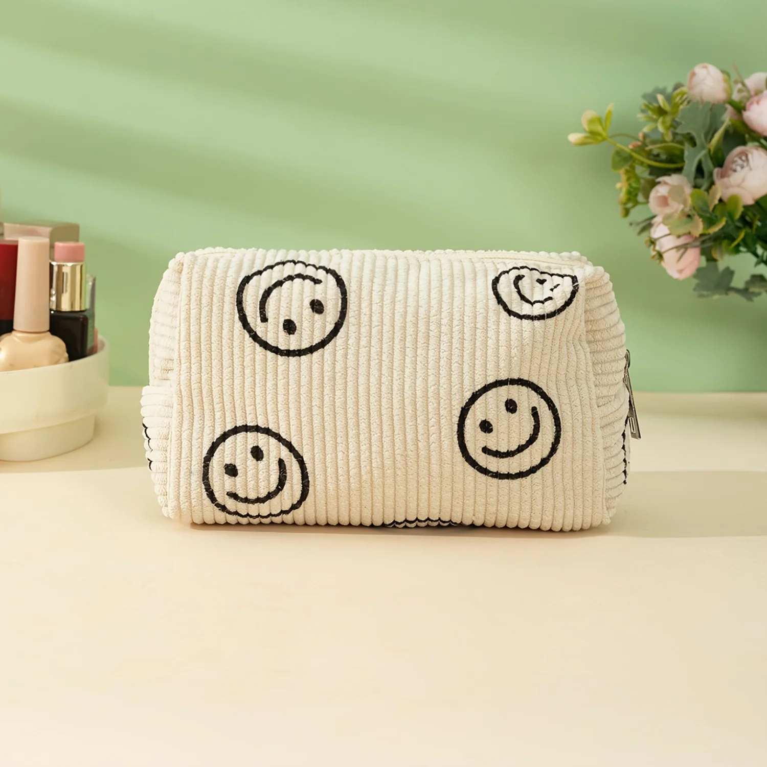 Retro Corduroy Makeup Bag with Zipper - Stylish Travel Pouch for Womens Cosmetics Makeup brushes set Caddy organizer Ring box