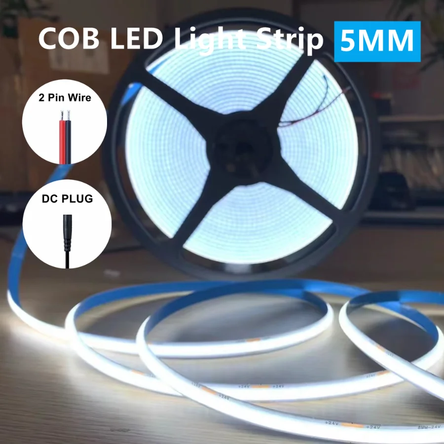 

12V/24V 5MM Width 5m High Density LEDs Dimmable DC COB LED Light Strip Flexible COB Tape Light Bar TV Kitchen Bedroom Decoration