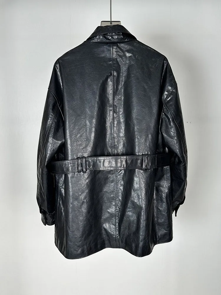 Fashion Spring Lady Oil Wax Cowhide Genuine Leather Belt Jacket Turndown Collar Mid Length Coat Single Breasted Casual Outerwear