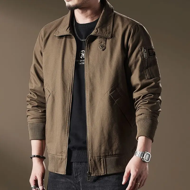 

Spring Autumn Casual Loose Men's Jaet Stand Collar Workwear New 2025 Sli Outerwear Long Sve Zipper Closure No Hat