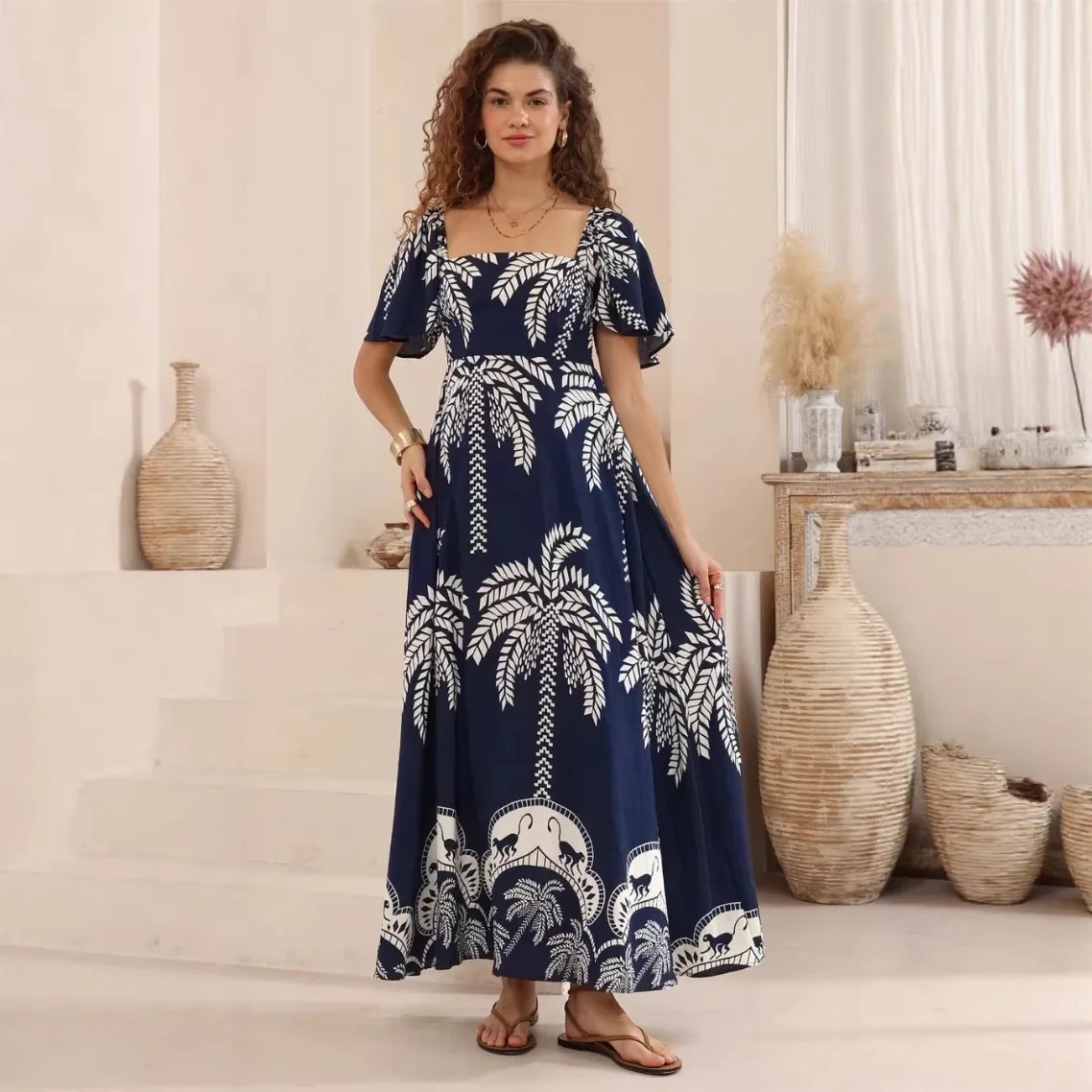 

Bohemian Flower Print Dresses Women Summer New Flared Short Sleeves Square Collar Long Dress Vacation Style A-line Vestidos