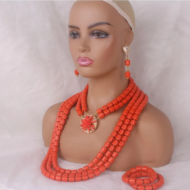 Dudo Newest 2 Colors Artificail Coral Beads African Nigerian Bridal 5 Layers Jewelry Set For Women Traditional Weddings