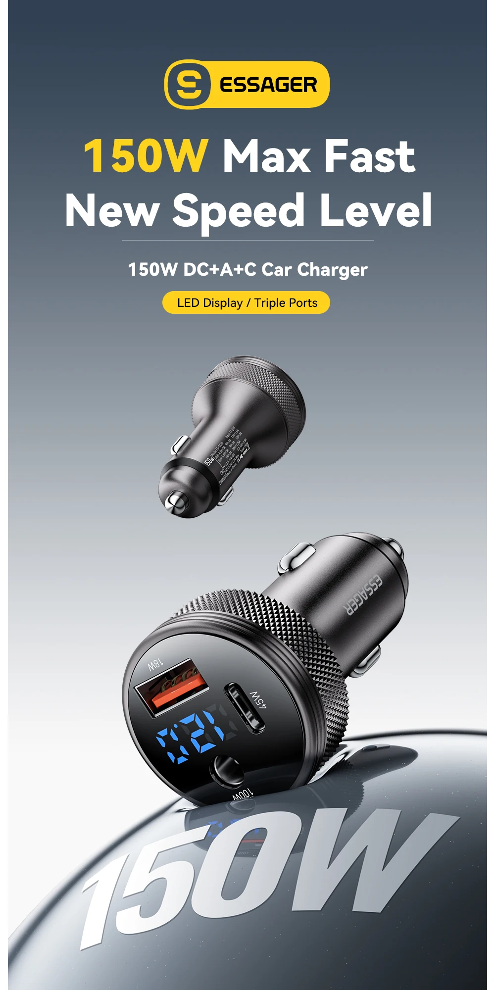 Essager 150W USB-Autoladegerät für Xiaomi iPhone Samsung Laptops Tabet PD 3.0 Schnellladung USB Typ C Digitalanzeige Autoladegerät – Detail 1