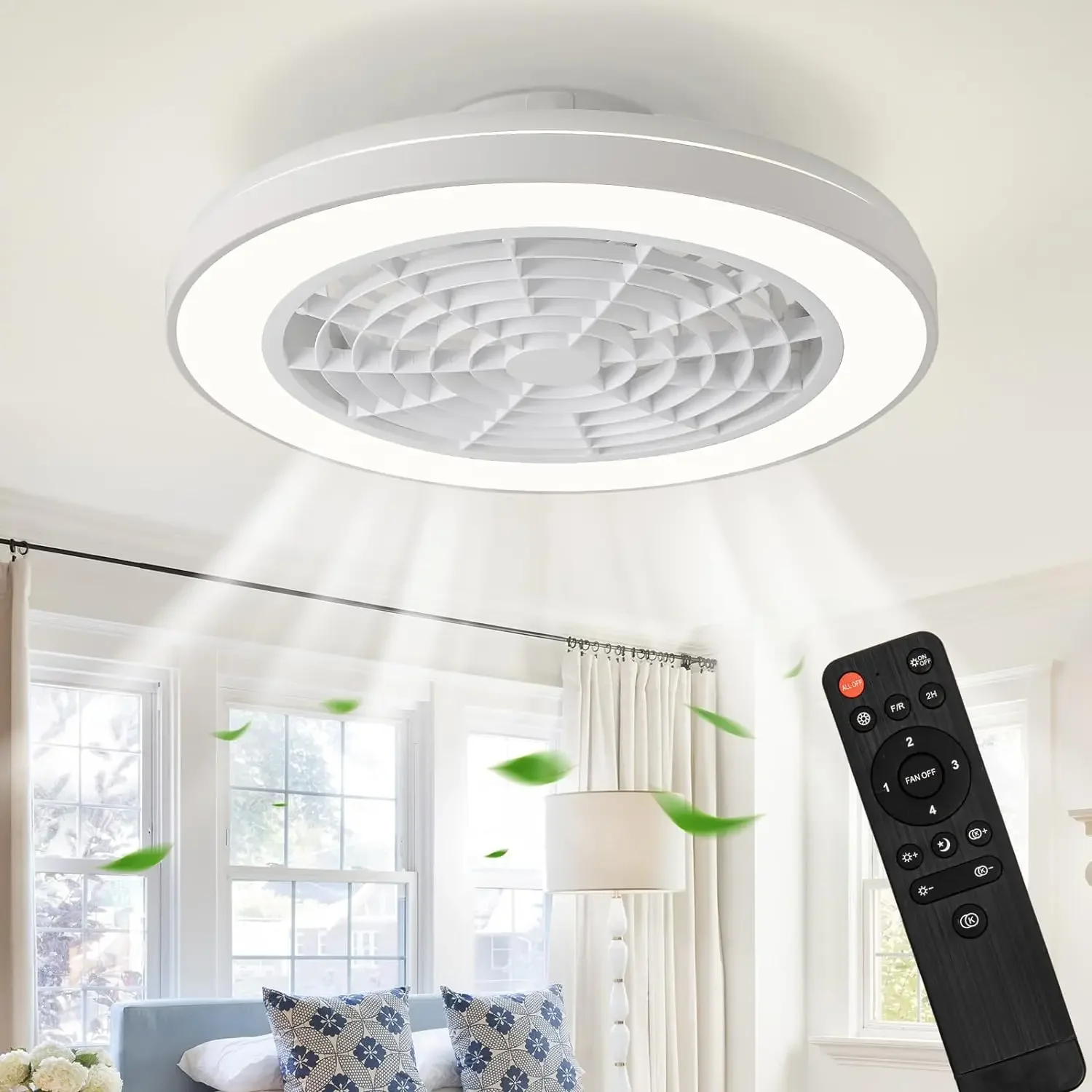 

Enclosed Ceiling Fans with Lights Low Profile Bladeless Ceiling Fan with Light and Remote Control White 4 Speeds Dimmable Flush