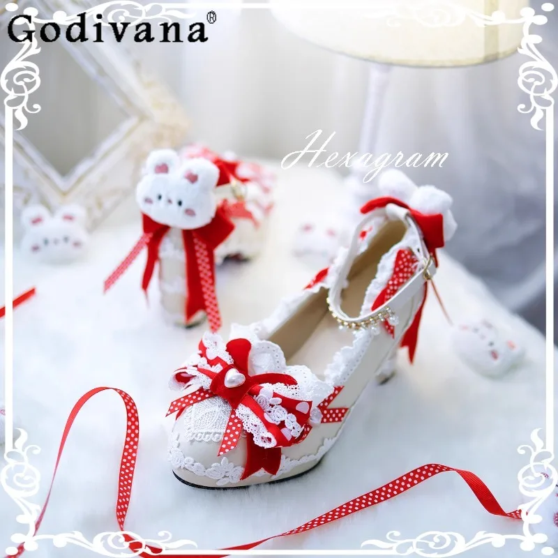 

Bow Bunny Doll Polka Dots Ancient Cute Shoes Women Round Head Thick Heel Lo Shoes Female Sweet Wedding Lolita Shoes Summer