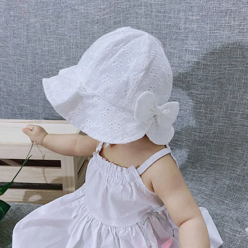 Children's Hat Spring Summer Sunshade Thin Cotton Fisherman's Hat Cute Baby Girl Baby Princess Bow Basin Hollow Mesh Hats